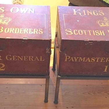 Antique Scottish Painted Metal-Clad Trunks | Strongboxes | End Tables | (pair)