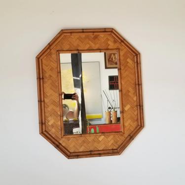 Vintage Hollywood Regency Woven Rattan Faux Bamboo Octagonal Mirror Wall 