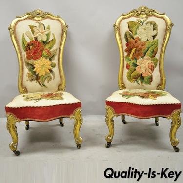 Antique French Victorian Gold Gilt Rococo Revival Slipper Parlor Chairs - a Pair
