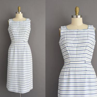 vintage 1950s dress | Adorable Blue & White Cotton Sleeveless Summer Day Dress | Small | 50s vintage dress 