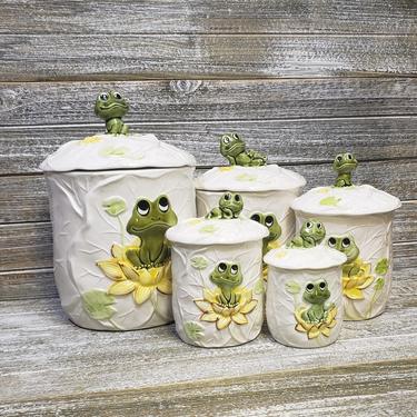 Vintage Neil the Frog 10pc Canister Set, 1970s Sears Roebuck &amp; Co, Ceramic Frog Canisters, Storage Organization, Japan Retro Vintage Kitchen 