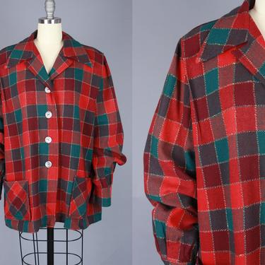 1950s 49er Jacket | Vintage 40s 50s Red &amp; Green Checkered Plaid Wool Jacket | L / XL 