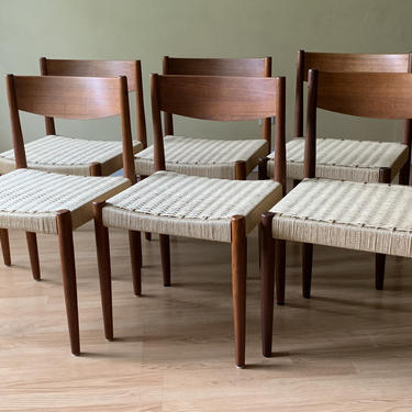 Six Poul Volther for Frem Rojle Teak Dining Chair or desk chair in New Danish Paper Cord, newly woven. 