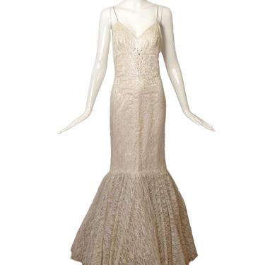 1970s Ivory Glitter Lace Evening Gown, Size-6