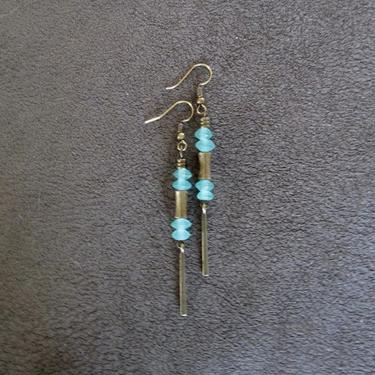 Sea glass earrings, bohemian earrings, beach earrings, brass boho earrings, blue dangle earrings, geometric earrings, artisan ethnic earring 