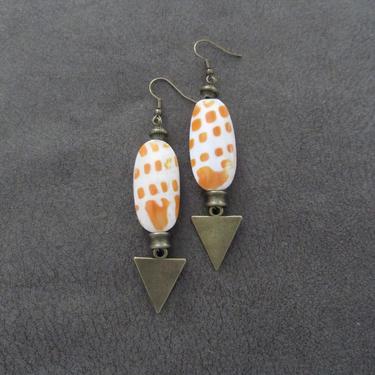 Tiger cowrie shell earrings, Afrocentric earrings, African earrings, bold statement earrings, exotic print earrings, orange earrings 