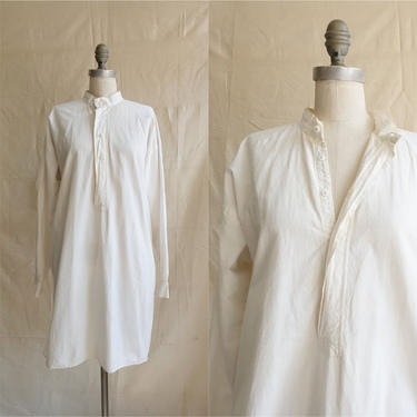 Vintage 10s 20s Cotton Night Shirt/ 1910s 1920s White Band Collar Tunic Shirt/ Edwardian Embroidered Long Top/ Size XL Large 
