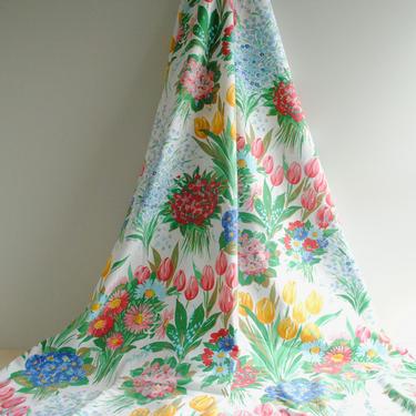 Vintage Floral Tablecloth, Vintage Ikea Cotton Flower Tablecloth, Pink, Green, Blue, and Yellow Floral Fabric, 64&amp;quot; x 54&amp;quot; 