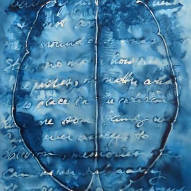 Touchstones: Original ink painting on yupo of brain scan - neuroscience art literature Murakami 