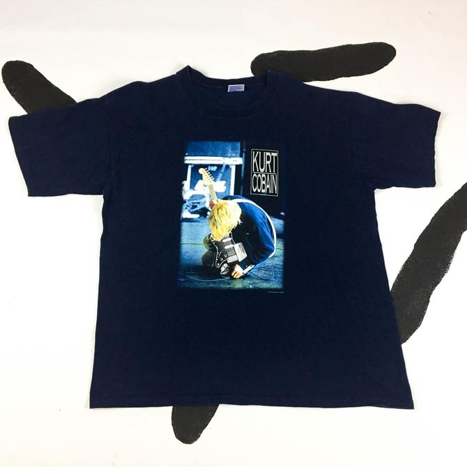 Kurt Cobain photo lettres Logo Tee-shirt Homme Bleu Marine Tee Top rock Nirvana Band 
