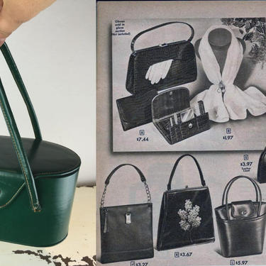 Catalog Choices - Vintage 1940s Dark Forest Green Oval Box Bag Painted Canvas Handbag Purse 
