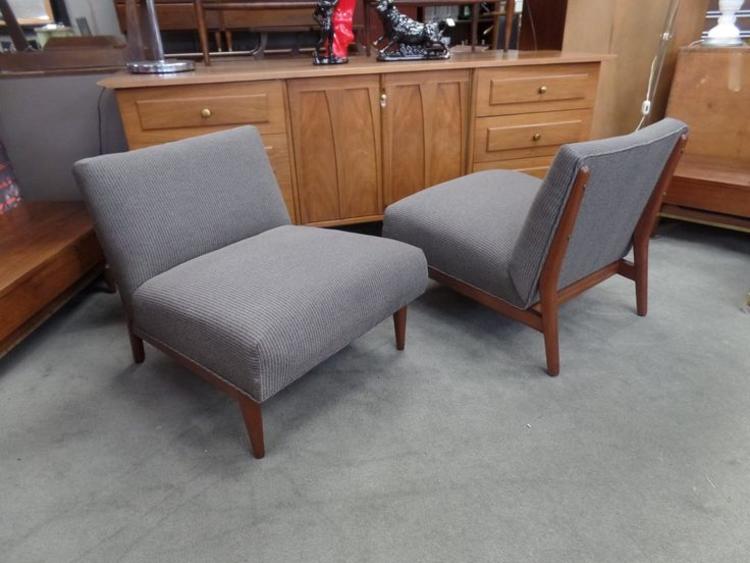 Pair of newly upholstered Mid-Century Modern slipper chairs with solid walnut bases