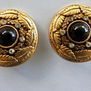 1980s Designer Black Cabochon Gold Earrings with leaves 