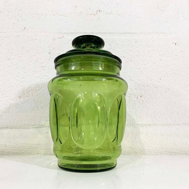Vintage L.E. Smith Green Glass Canister Container Lid Apothecary Jar Stasher Covered Candy Dish Lidded Box Trinket Holder Kitchen Storage 