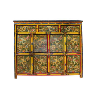 Chinese Tibetan Phoenix Flower Graphic Tall Credenza Storage Cabinet cs5761E 