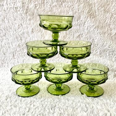 Vintage Dessert Dishes, Green Indiana Glass, Fruit Cups, Set 6, King Crown Thumbprint, Mid Century 