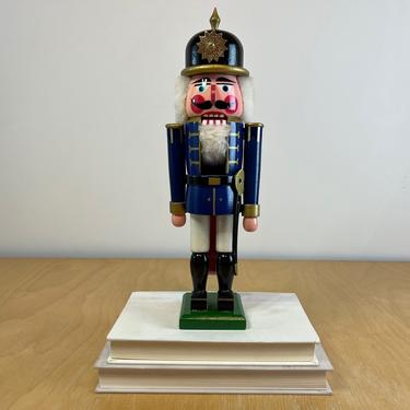 13&quot; Policeman Soldier Nutcracker, Vintage Blue and Gold Hand Painted Wood Figurine, Traditional Holiday Christmas Decor 