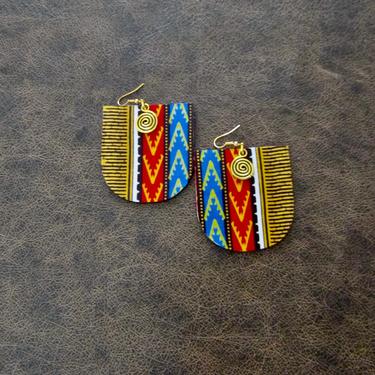 African print earrings, Ankara earrings, wood earrings, bold statement earrings, Afrocentric earrings, yellow red earrings, batik earrings22 