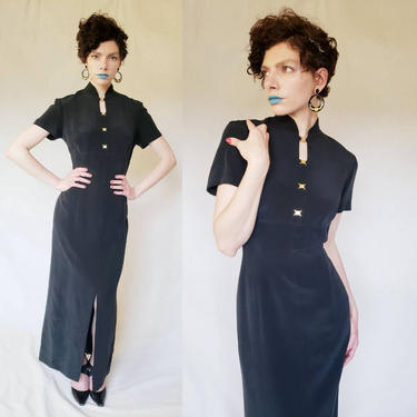 1990s Long Black Dress Gold Detailing Dana Buchman / 90s Short Sleeved Silk Cheongsam Style Maxi Dress / M to L 