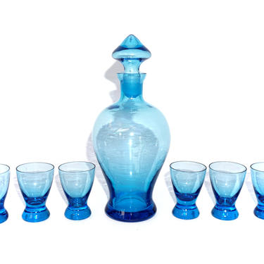 Mid-Century Turquoise Blue Glass Party Barware Set | Decanter, Cocktail Pitcher &amp; Roly Poly Shot Glasses | 8-Piece Chic Retro Drink Set 