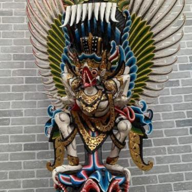 Antique Hand Carved Large Vibrantly Detailed Wooden Sculpture of The Hindu God Garuda