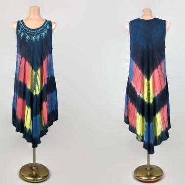 VINTAGE 90s Embroidered Tie Dye Indian Rayon Trapeze Dress | 1990s Butterfly Wing Mini Caftan Full | BOHO Festival Ethnic Tank Sundress 