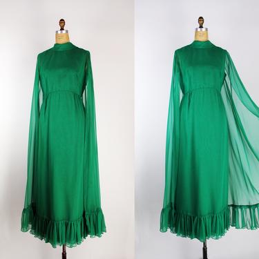 60s Kelly Green Miss Elliette Party Dress / Vintage Gown / Maxi Dress / 60s Dress /Size S/M 