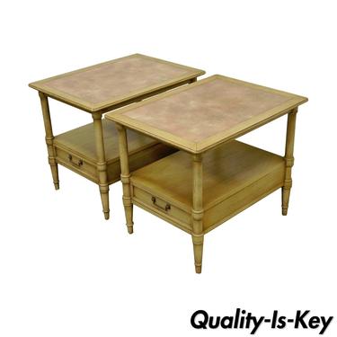 Pair of Vintage Drexel Hollywood Regency Leather Top Solid Wood Side End Tables
