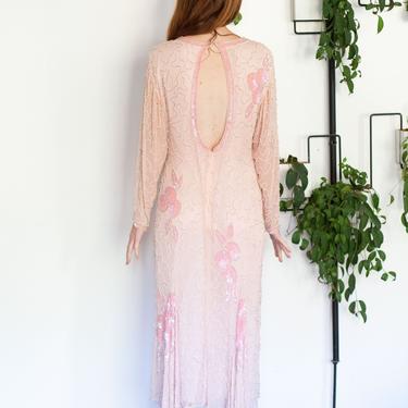 Vintage Baby Pink Sequin and Beaded Open Back Fishtail Dress sz S M Gown Silk Backless Bead with Sheer Sleeves 80s 1980s 