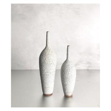 SHIPS NOW- 2 Ceramic Stoneware Bottle Vases in Textural Crater White Matte by Sara Paloma Pottery . mid century modern interior design decor 