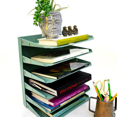 Mid-Century Industrial Steelcase 6-Tier Wall Mount Magazine/File Rack ||  Jade Green &amp; Gold Home/Business Vertical Tanker Organizer 