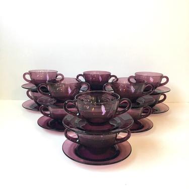 Amethyst glass broth or cream soup cup with saucers - set of 8 