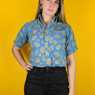 70s Retro Blue and Yellow Paisley Print Shirt (Vintage VTG), Boho Hipster Hippie Classic Festival Party Summer Short Sleeve Top 