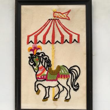 Vintage Embroidery Carousel Horse, Kitsch Crewel Circus Pony Under The Big Top, Nursery Decor 