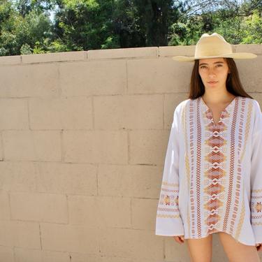 Baja Blouse // vintage embroidered dress top shirt ethnic boho hippie woven tunic cotton white brown Mexican // O/S 