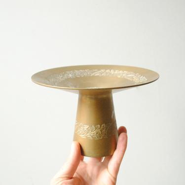 Vintage Brass Pedestal Dish, Etched Brass Dish, Brass Candle Holder, Pedestal Bowl, Etched Brass Bowl from India 