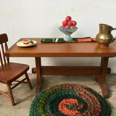 Vintage Toncoss Sturbridge Dollhouse Table And Chair, Some Props Included For Table Setting, Wooden Dining Table And Chair 