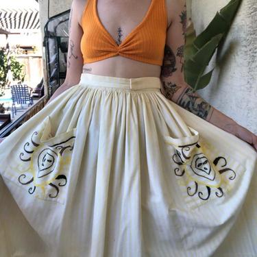 50s sun embroidered circle skirt yellow and white stripes 