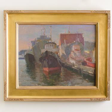 Vintage Framed Original Oil Painting on Canvas of Boats Docking at Harbor by Plein Air Artist Ovanes Berberian Art Wall Hanging 