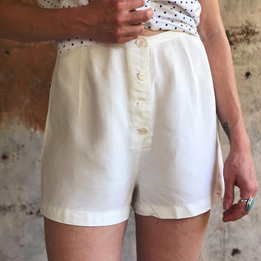 1950s White High Waist Button Fly Rayon Shorts XS 