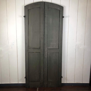 Antique Solid Panel Arched Shutters, pair with sage green chippy paint 