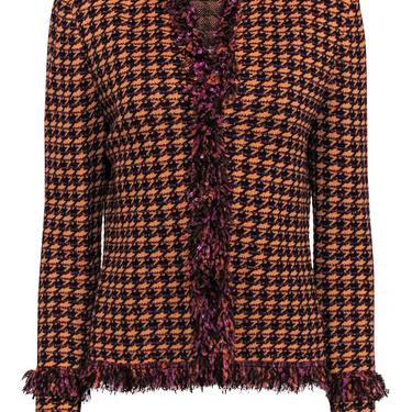 St. John - Orange &amp; Purple Houndstooth Fringed Knit Jacket Sz 10