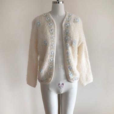 Cream Boucle Cardigan with Light Blue Floral Appliques - 1960s 