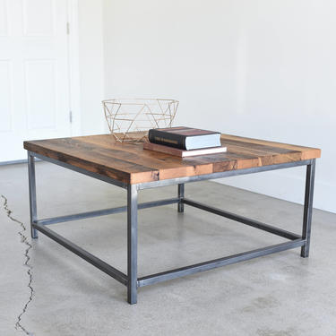 Industrial Square Coffee Table / Rustic Reclaimed Wood and Steel Box Frame Table 