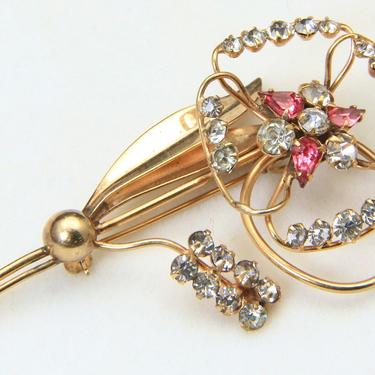 Vintage Scitarelli Gold Tone Pink and White Rhinestone Flower Brooch Pin 