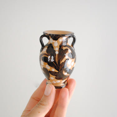 Vintage Tiny Italian Hand Painted Vase, Miniature Majolica Pottery Vase in Brown and White 