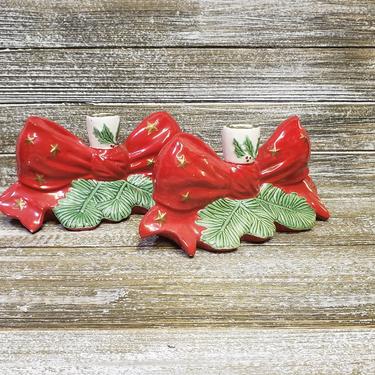Vintage Christmas Candlestick Holders, 1960s Holland Mold Ceramic Candle Holders, Table Centerpiece, Holiday Mantel Decor, Vintage Christmas 