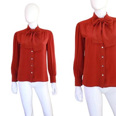 1970s Silk Blouse - Vintage Pussy Bow Blouse - Red Pussy Bow Blouse- 70s Red Blouse - Vintage Red Silk Blouse - Rust Red Blouse | Size Small 
