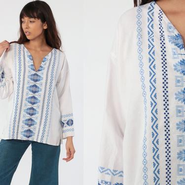 Embroidered Tunic Top Mexican Blouse COTTON Shirt Ethnic Hippie Tribal Boho Long Sleeve AZTEC Bohemian White Blue Small Medium 