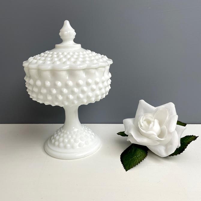 Vintage Fenton White Milk Glass Hobnail Footed Compote Candy Dish 
